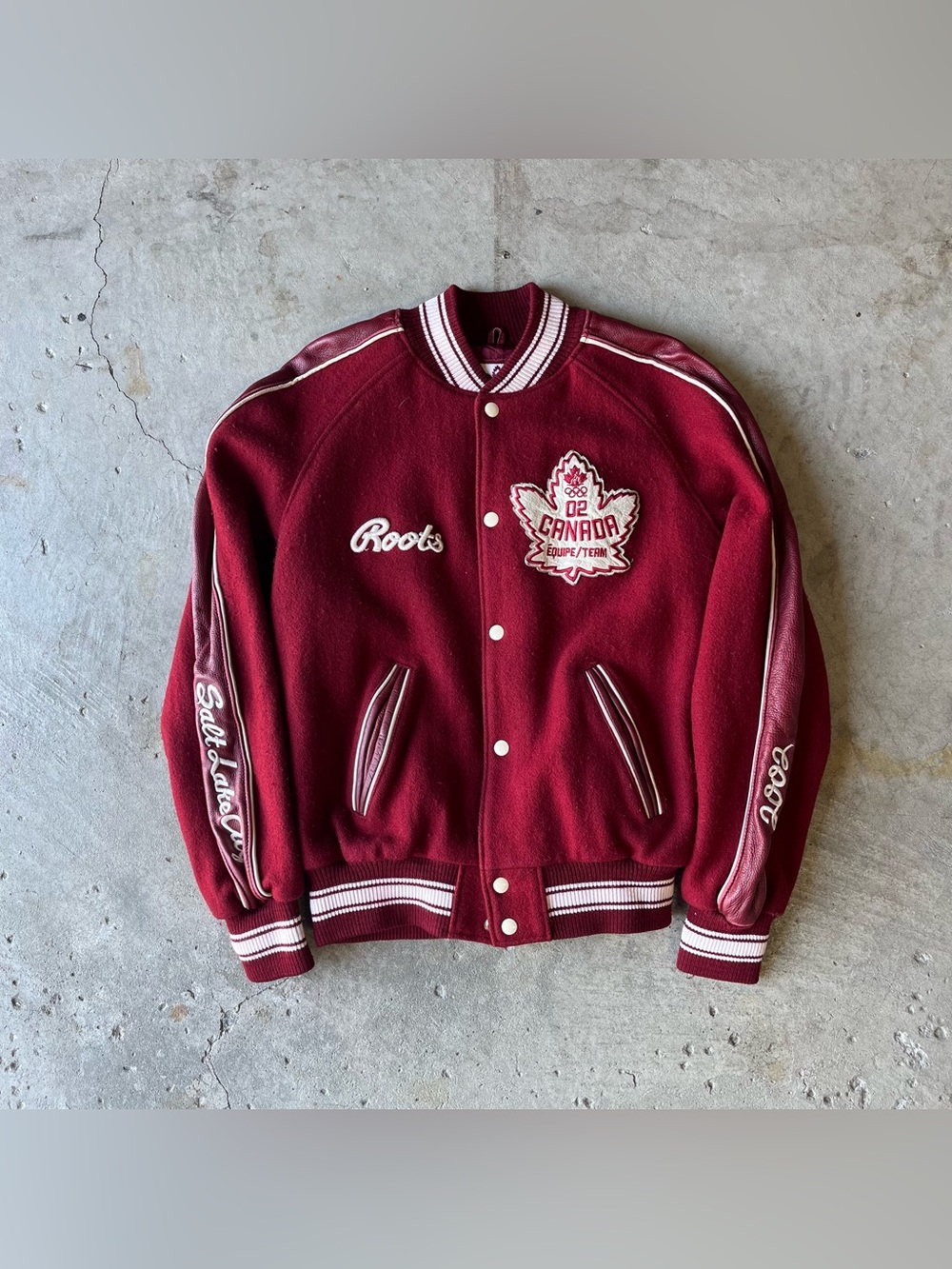 Vintage Roots Team Canada Salt Lake City Olympics Varsity Leather Jacket Mens S
